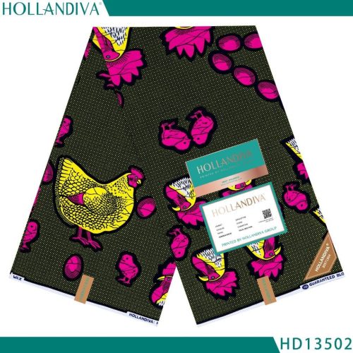 Hollandiva Gold Pagne Africain - 100% Coton - Vert, Jaune, Rose