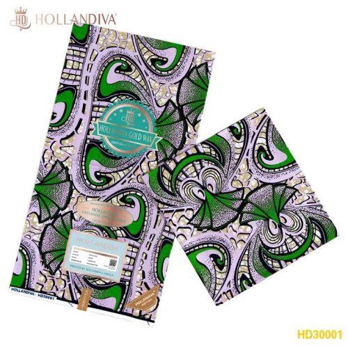 Hollandiva Gold Pagne Africain - Tissu 100% Coton - VERT / VIOLET